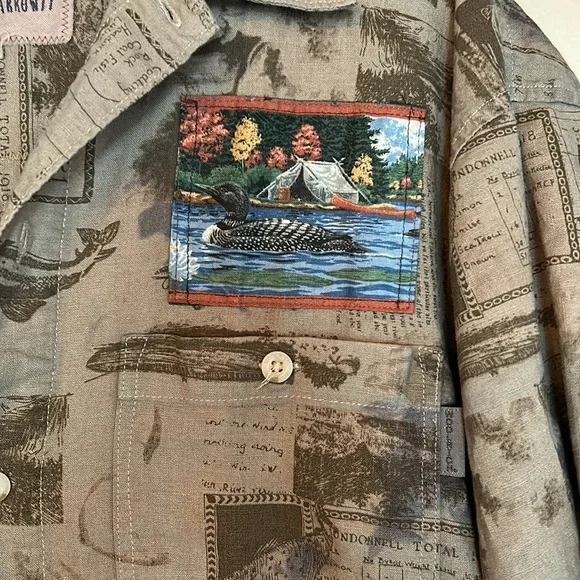 Upcycled patched over dyed fringe back sportsmen’s fish print plaid duster shirt